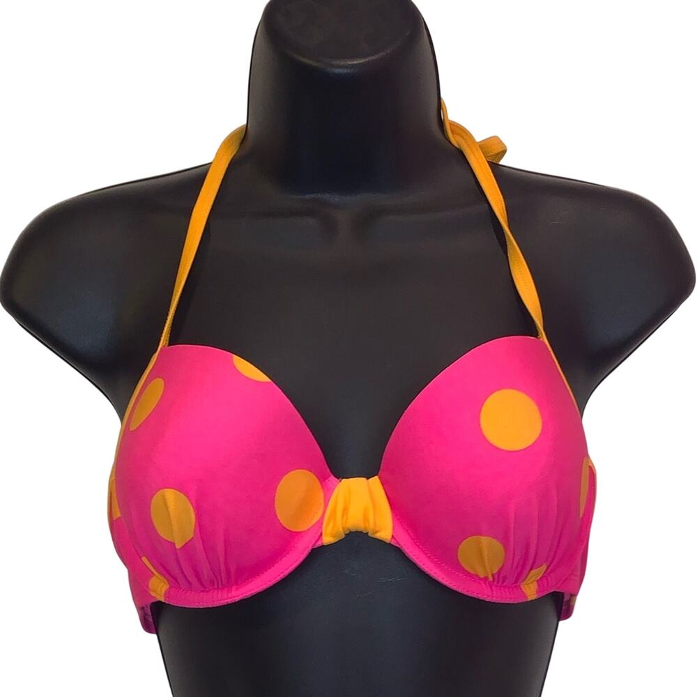 Aerie Blakely Bikini Top 34C Pink Orange Polka Dot Halter Underwire Swim